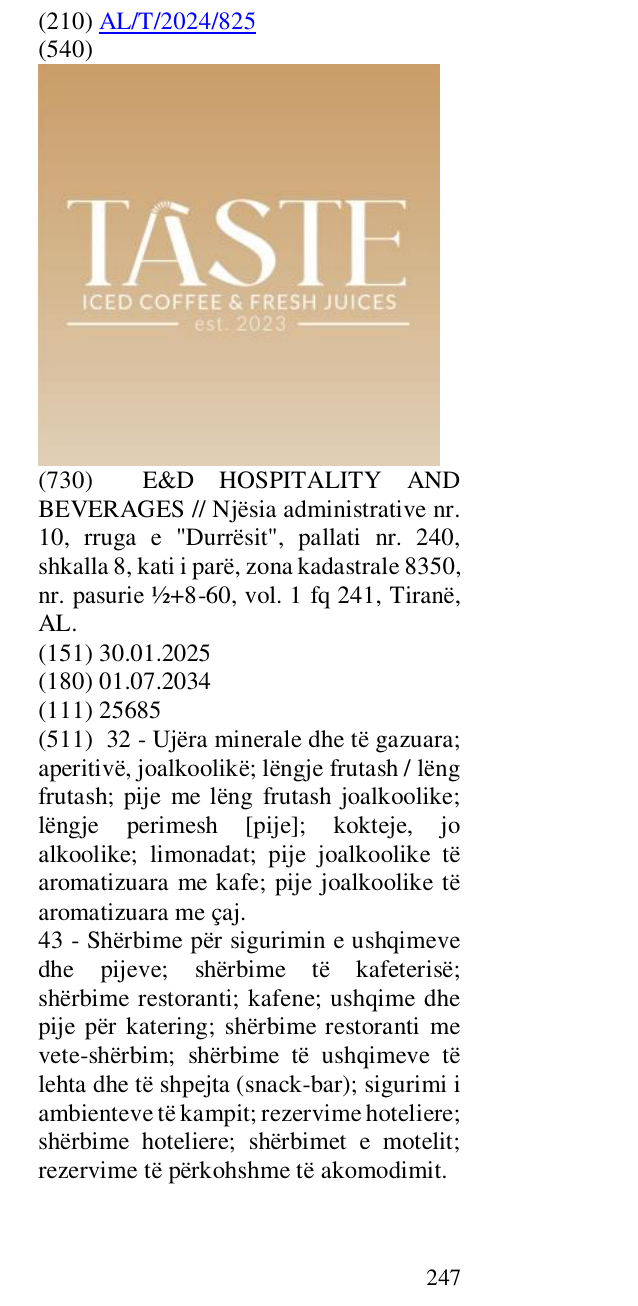 Zëri i markës ICED COFFEE; FRESH JUICES; est. 2023 në buletin