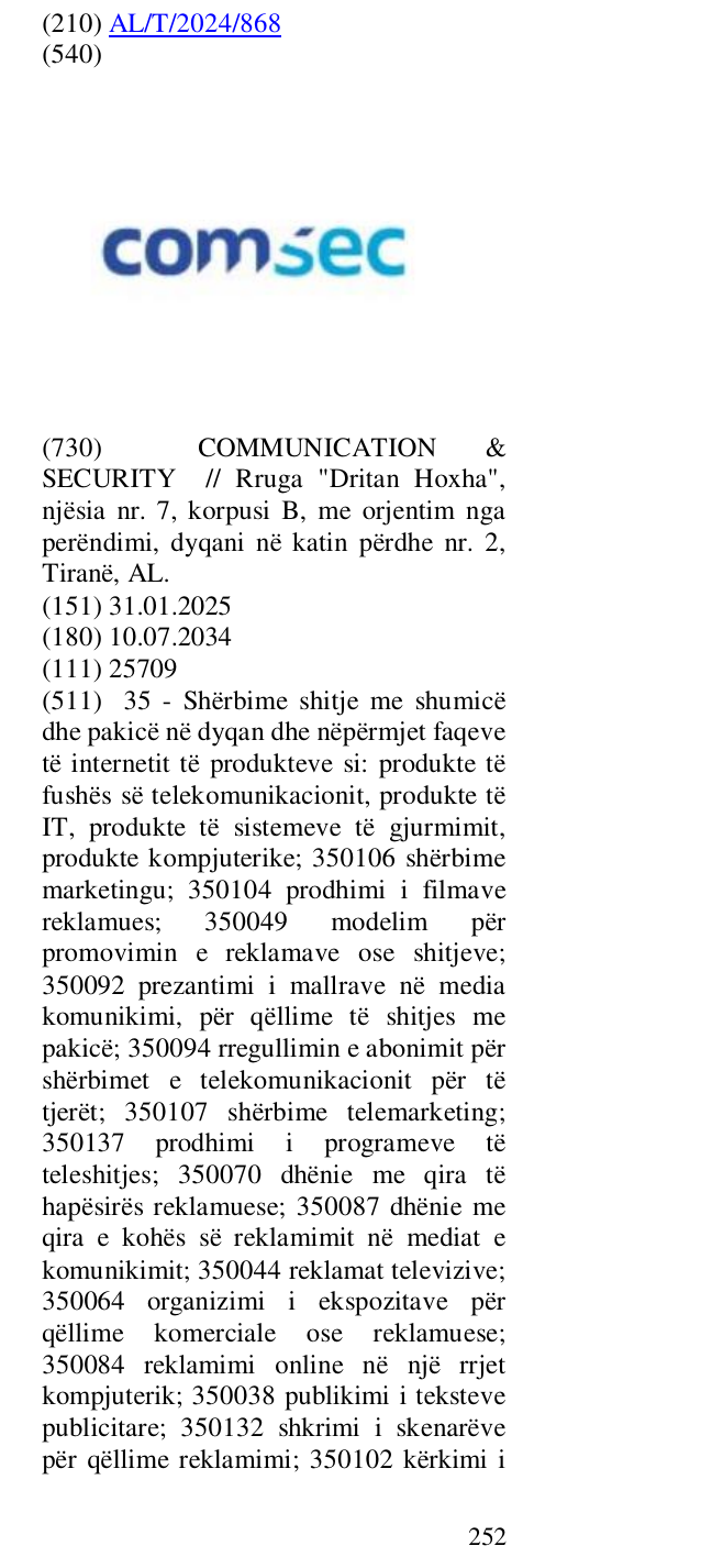 Zëri i markës comsec në buletin