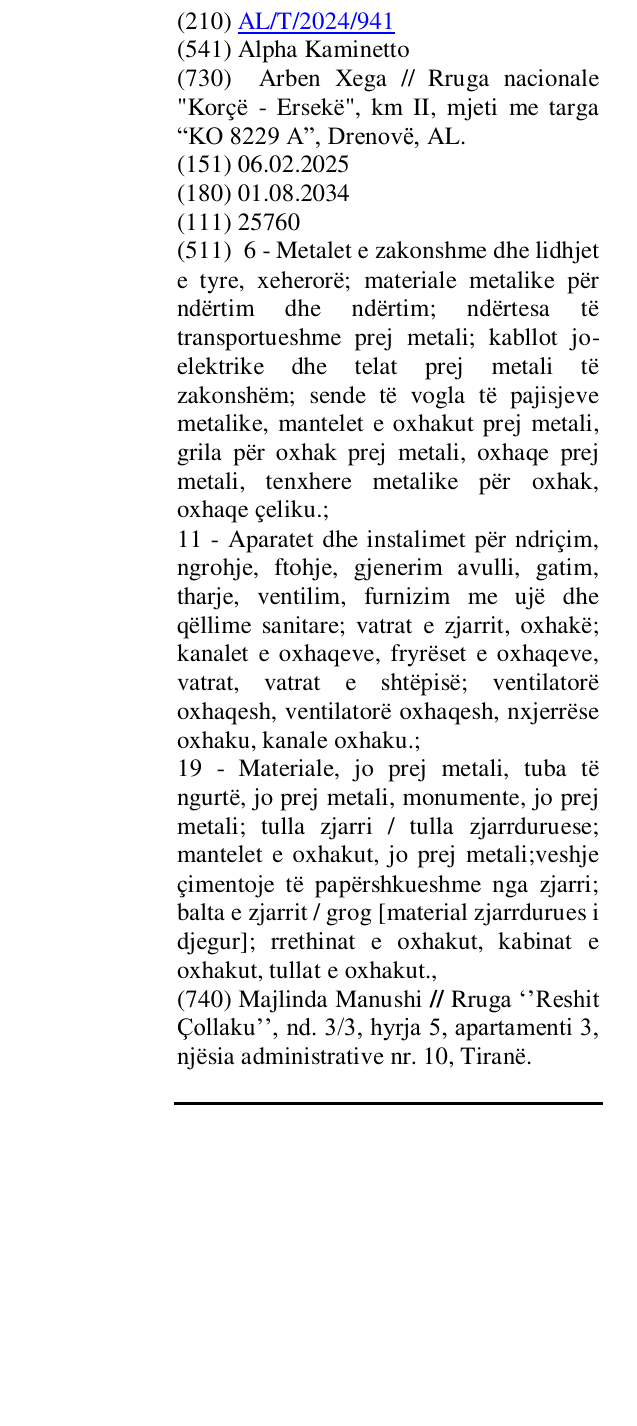 Zëri i markës Alpha Kaminetto në buletin