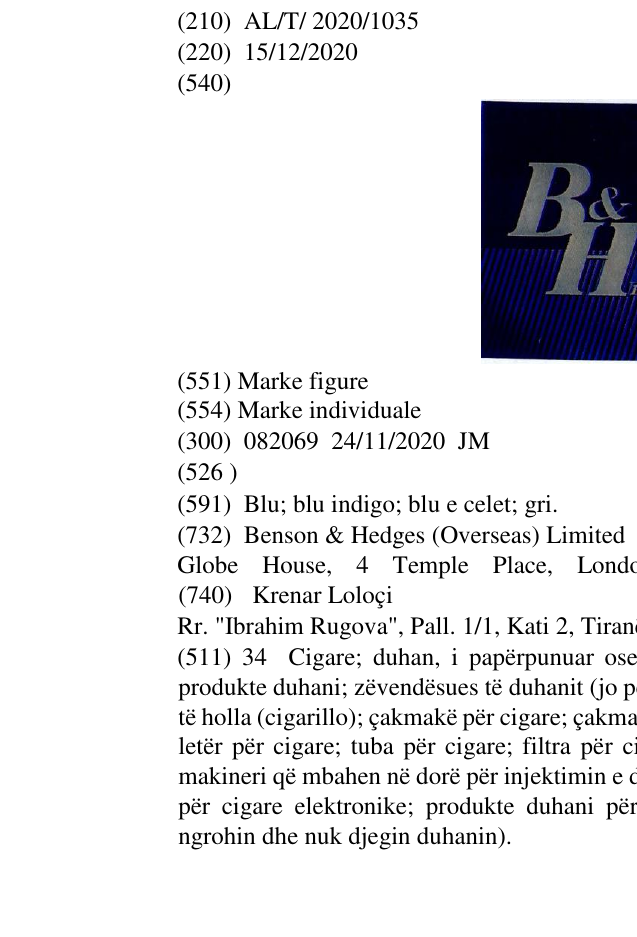 Zëri i markës BENSON & HEDGES në buletin