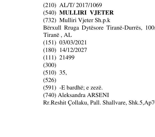 Zëri i markës MULLIRI VJETER në buletin