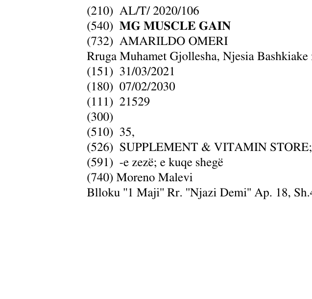 Zëri i markës MG MUSCLE GAIN në buletin