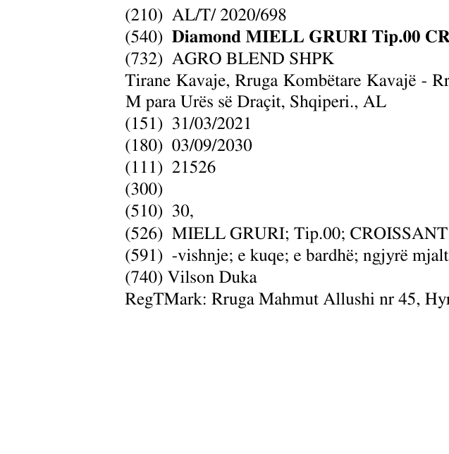 Zëri i markës Diamond MIELL GRURI Tip.00 CROISSANT Cilesi e Garantuar 25 Kg në buletin