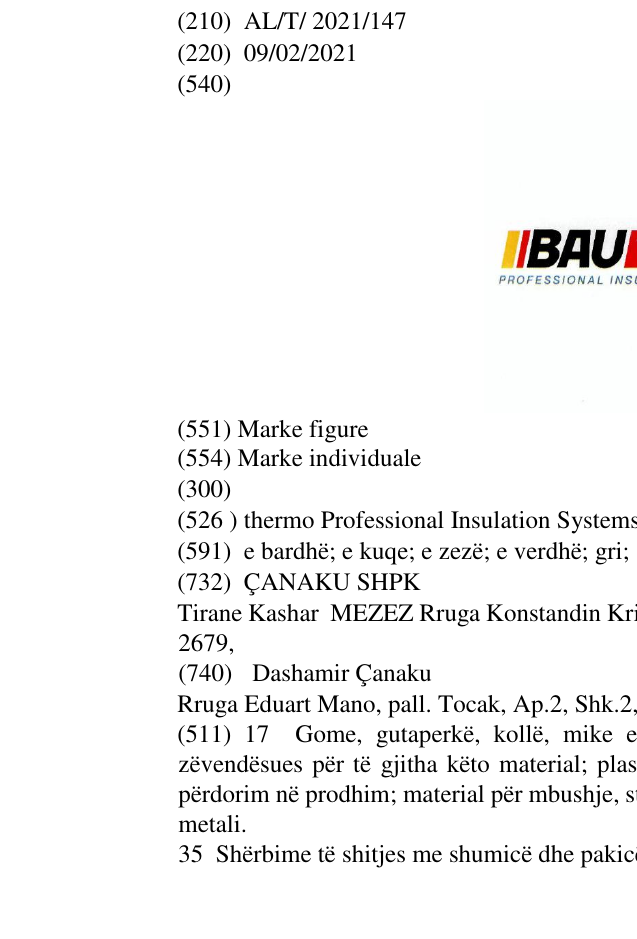 Zëri i markës thermo Professional Insulation Systems dhe shenja ® në buletin
