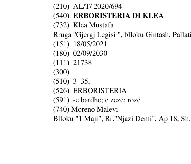 Zëri i markës ERBORISTERIA DI KLEA në buletin