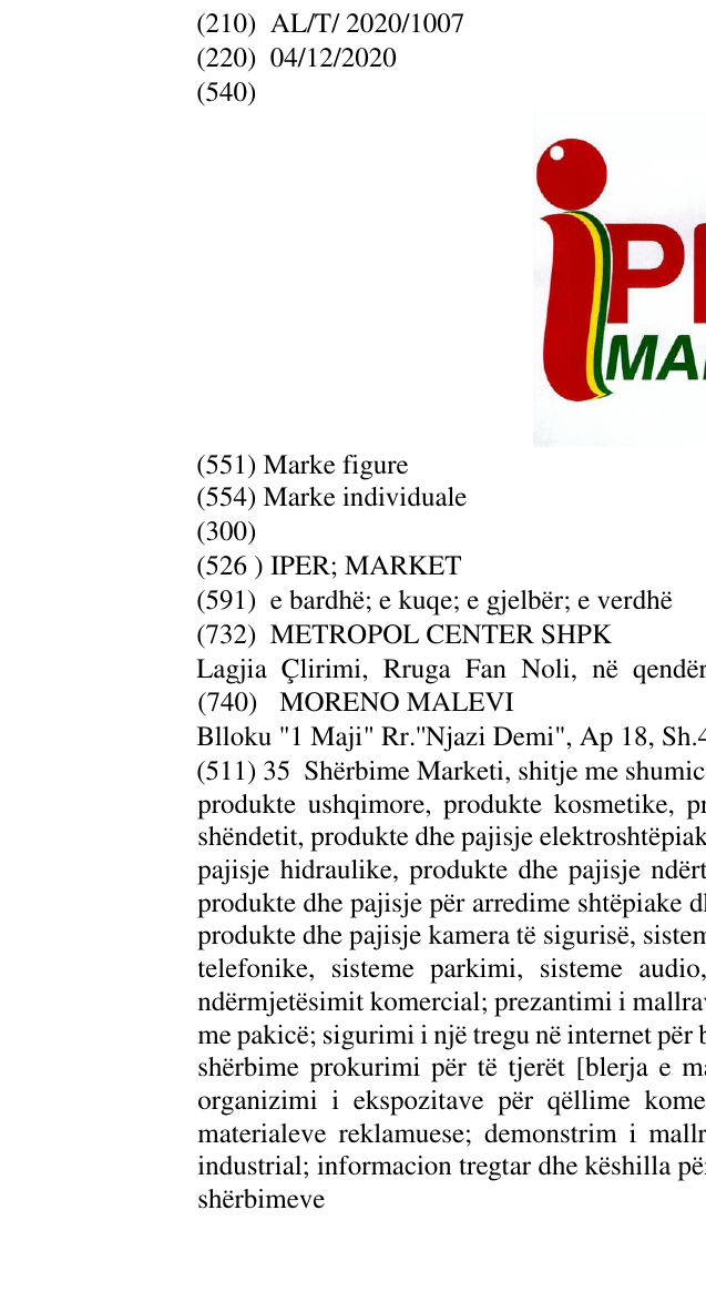 Zëri i markës IPER; MARKET në buletin
