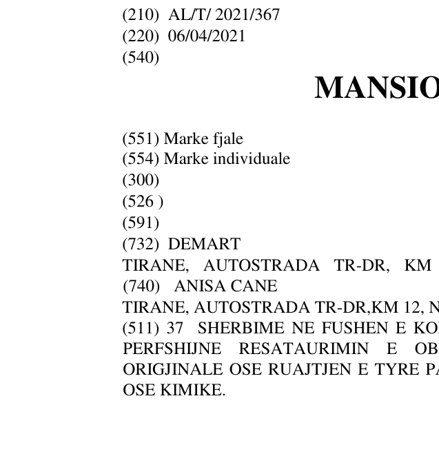 Zëri i markës MANSION PARK në buletin