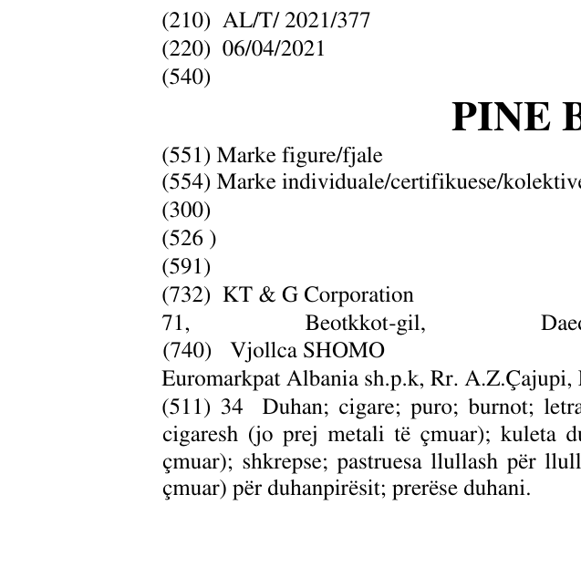 Zëri i markës PINE BLACK në buletin