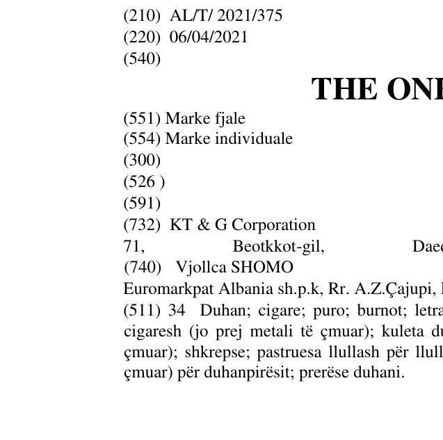 Zëri i markës THE ONE WHITE në buletin