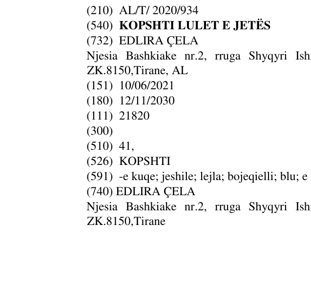 Zëri i markës KOPSHTI LULET E JETËS në buletin