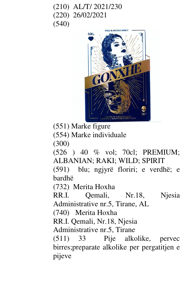 Zëri i markës 40 % vol; 70cl; PREMIUM; ALBANIAN; RAKI; WILD; SPIRIT në buletin