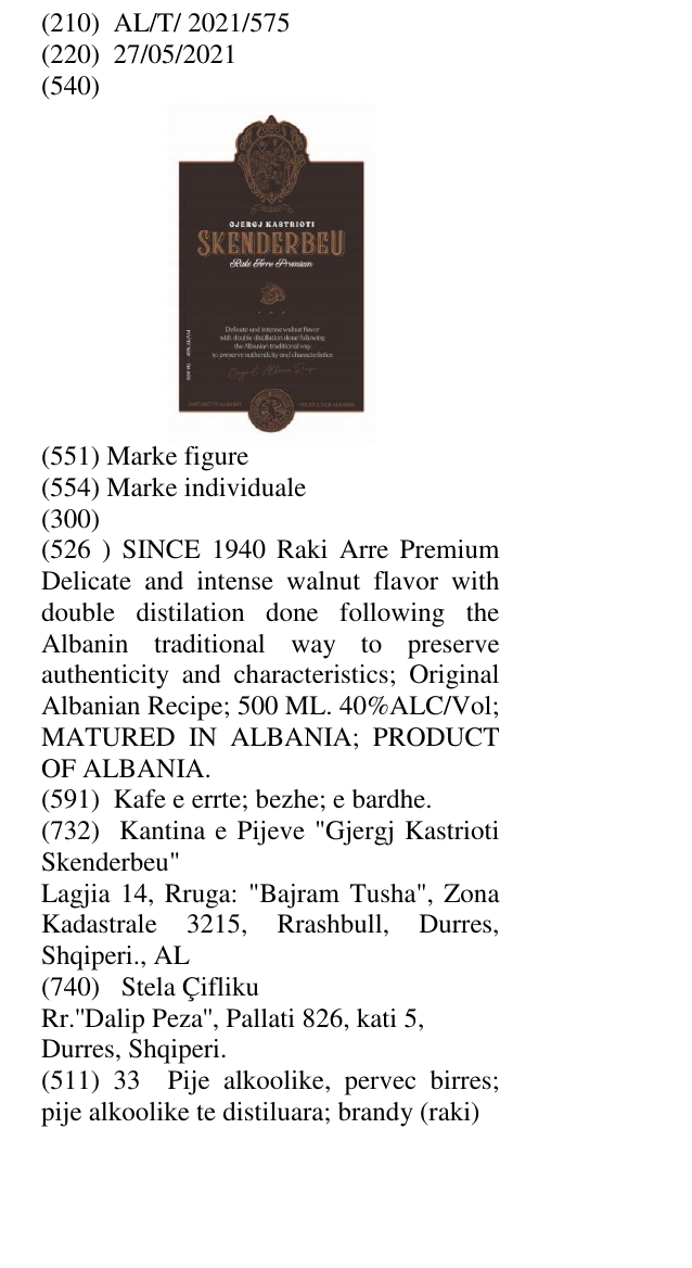 Zëri i markës SINCE 1940 Raki Arre Premium Delicate and intense walnut flavor with double distilation done following the Albanin traditional way to preserve authenticity and characteristics; Original Albanian Recipe; 500 ML. 40%ALC/Vol; MATURED IN ALBANIA; PRODUCT OF ALBANIA. në buletin