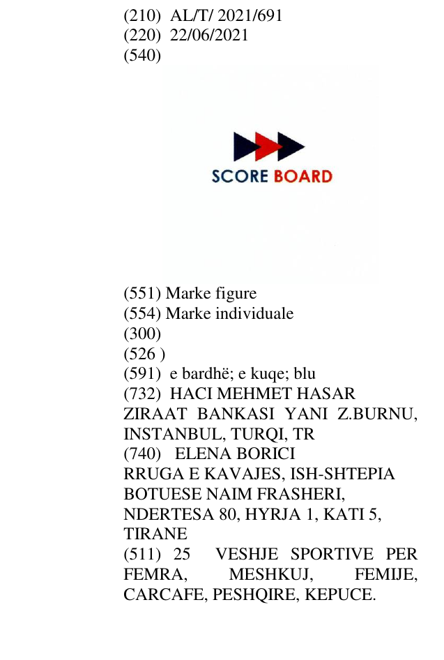 Zëri i markës SCORE BOARD në buletin