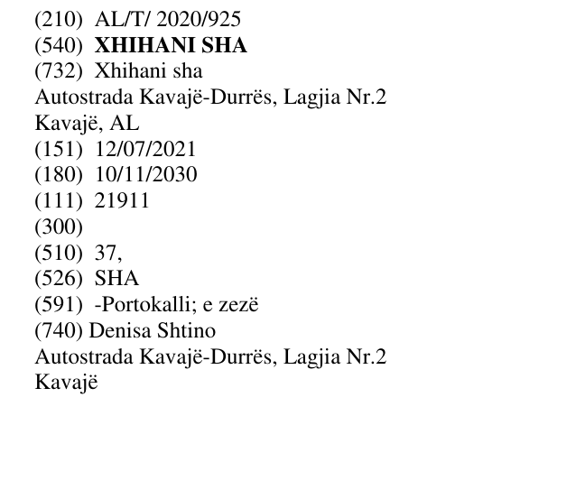 Zëri i markës XHIHANI SHA në buletin