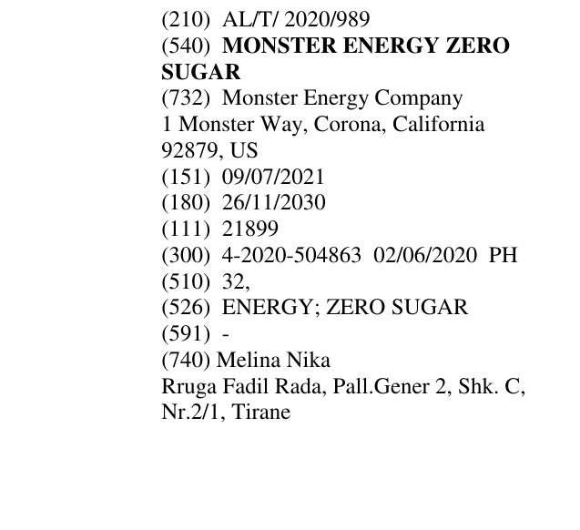 Zëri i markës MONSTER ENERGY ZERO SUGAR në buletin
