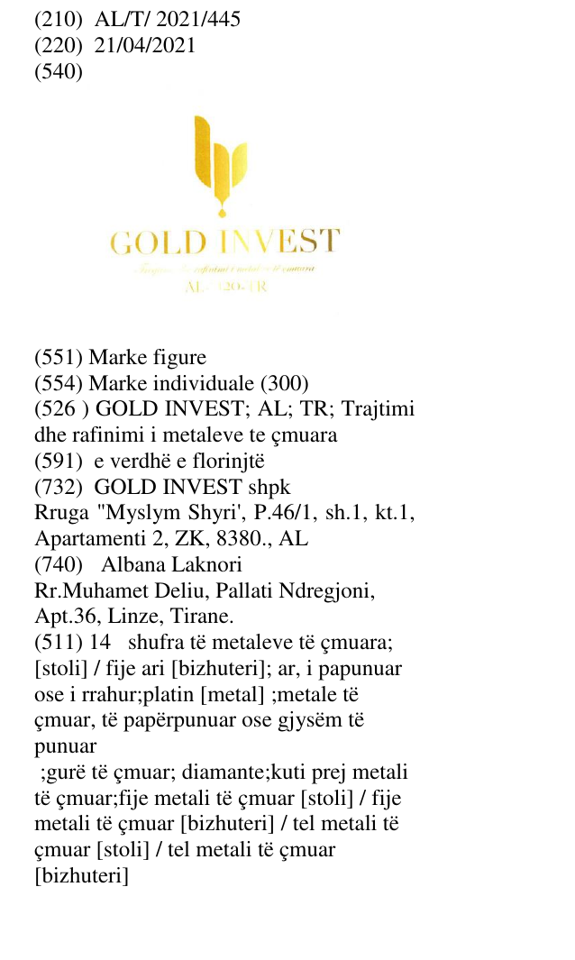 Zëri i markës GOLD INVEST; AL; TR; Trajtimi dhe rafinimi i metaleve te çmuara në buletin