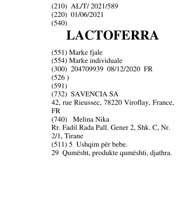 Zëri i markës LACTOFERRA në buletin