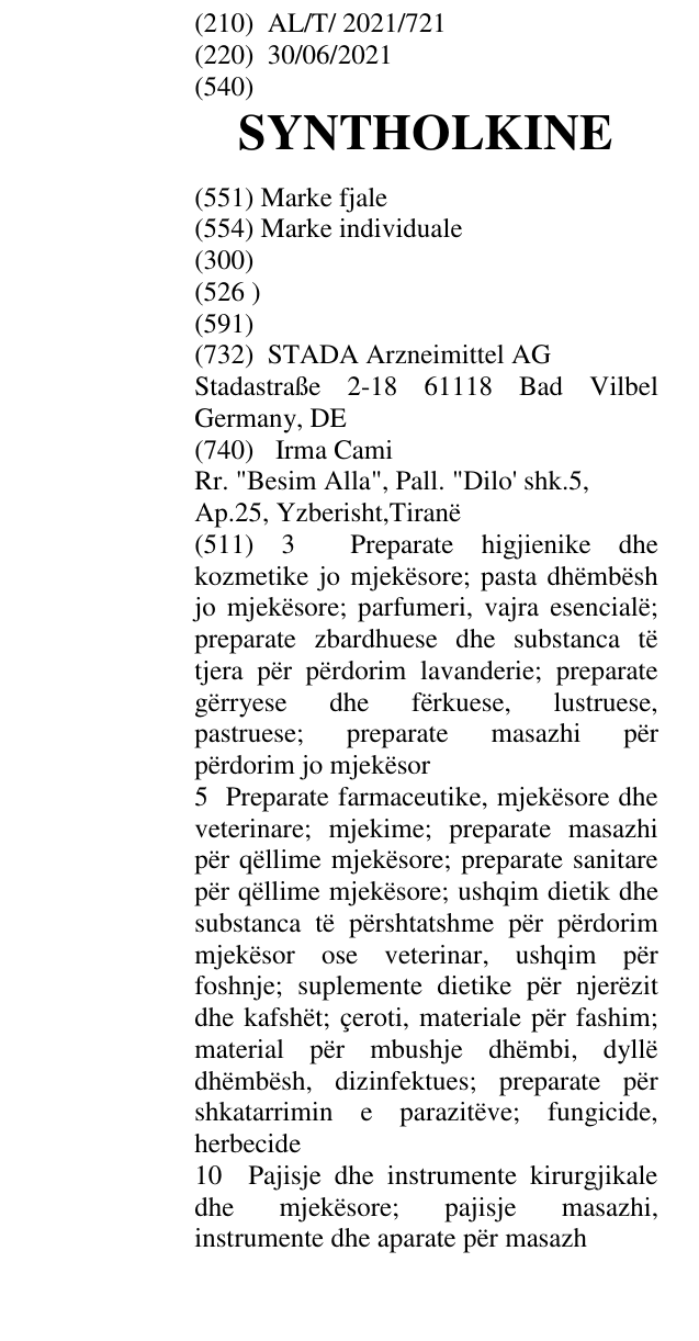 Zëri i markës SYNTHOLKINE në buletin