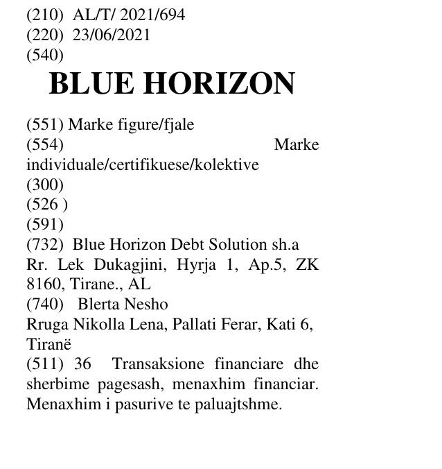 Zëri i markës BLUE HORIZON në buletin