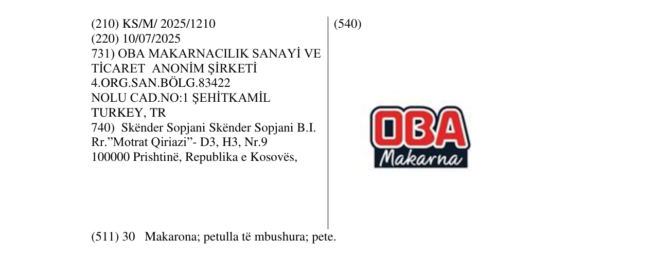 Zëri i markës OBA Makarna në buletin