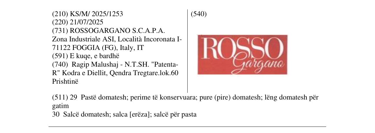 Zëri i markës ROSSO Gargano në buletin