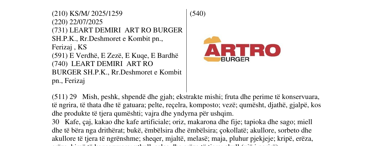 Zëri i markës ARTRO BURGER në buletin