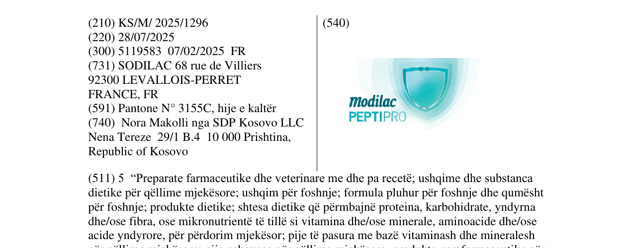 Zëri i markës modilac PEPTIPRO në buletin