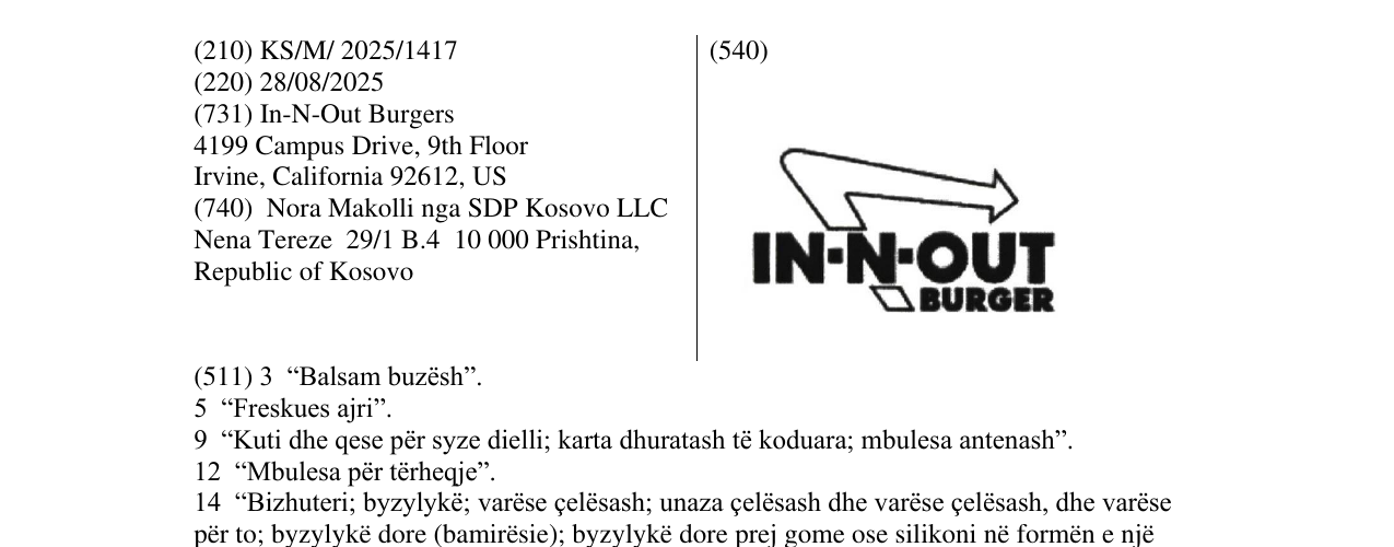 Zëri i markës IN IN OUT BURGER në buletin