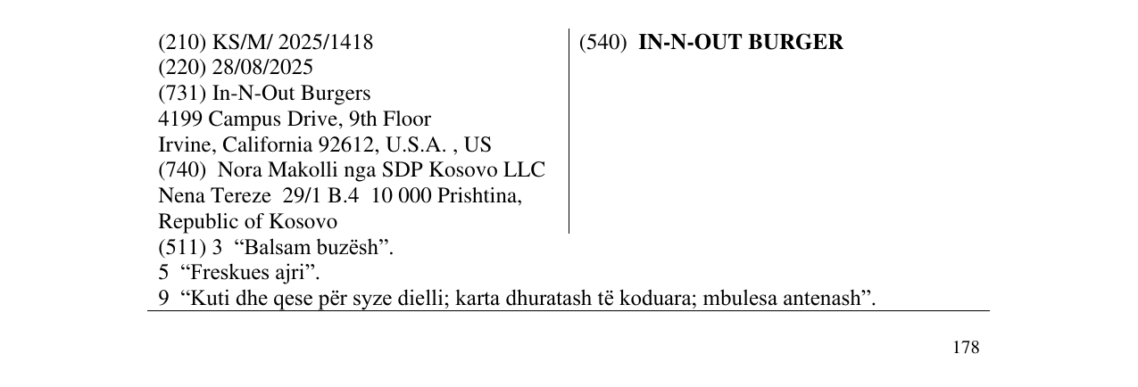 Zëri i markës IN-N-OUT BURGER në buletin