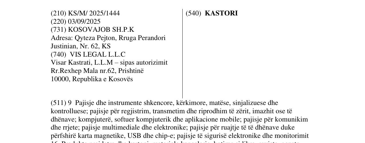 Zëri i markës KASTORI në buletin