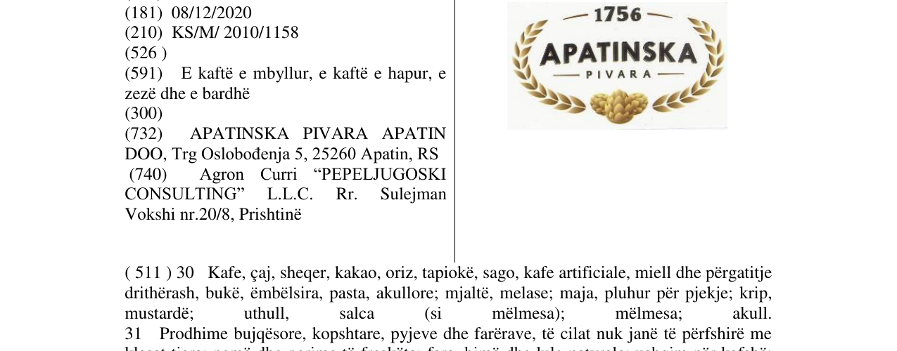 Zëri i markës 1756 APATINSKA në buletin