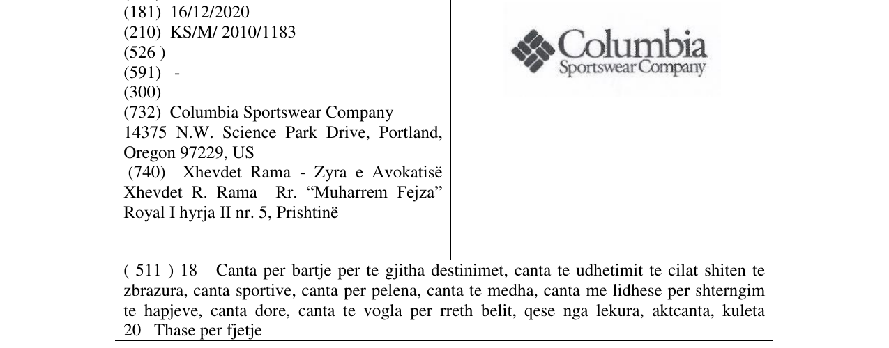 Zëri i markës Columbia Sportswear Company në buletin