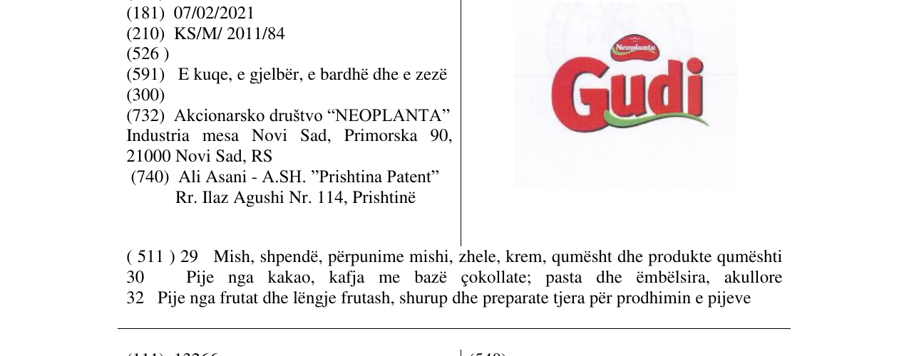 Zëri i markës Neopanta Gudi në buletin