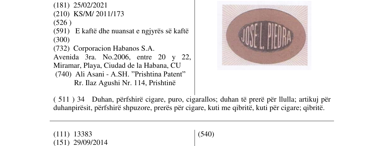 Zëri i markës JOSE L.PIEDRA në buletin