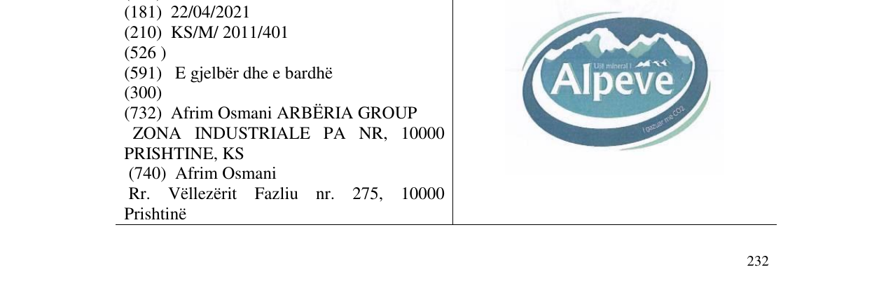 Zëri i markës Ujë mineral i ALPEVE në buletin
