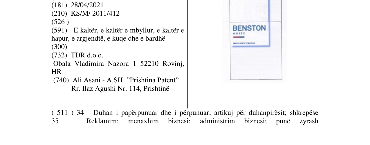 Zëri i markës BENSTON WHITE në buletin