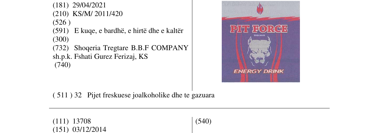 Zëri i markës PIT FORCE ENERGY DRINK në buletin