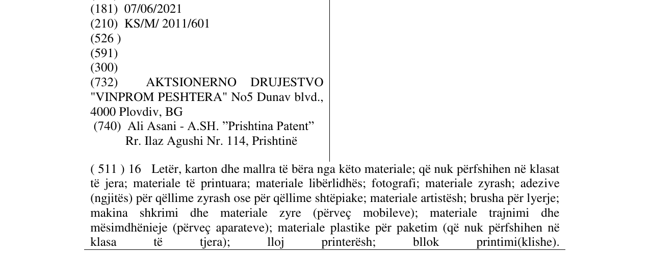 Zëri i markës PARALIA në buletin
