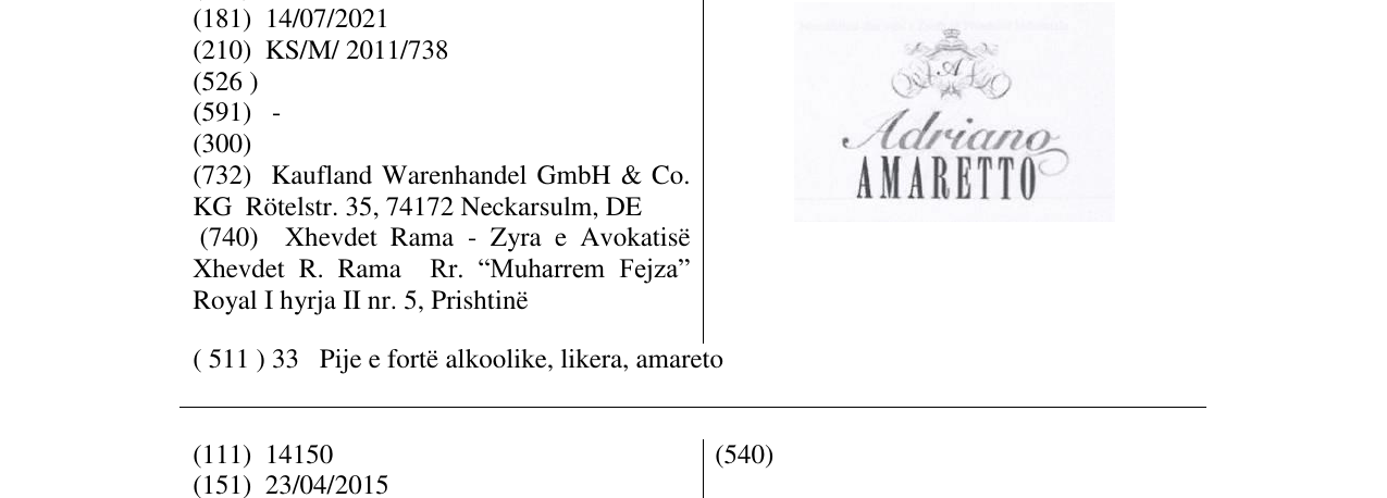 Zëri i markës Adriano AMARETTO në buletin