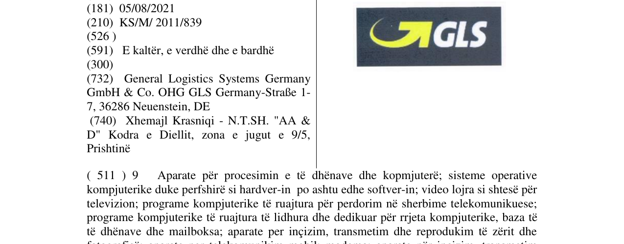 The entry of the trademark GLS in the bulletin