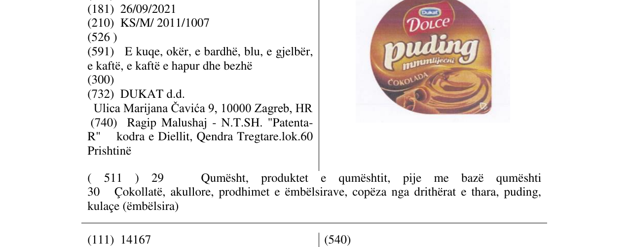 Zëri i markës DOLCE puding në buletin
