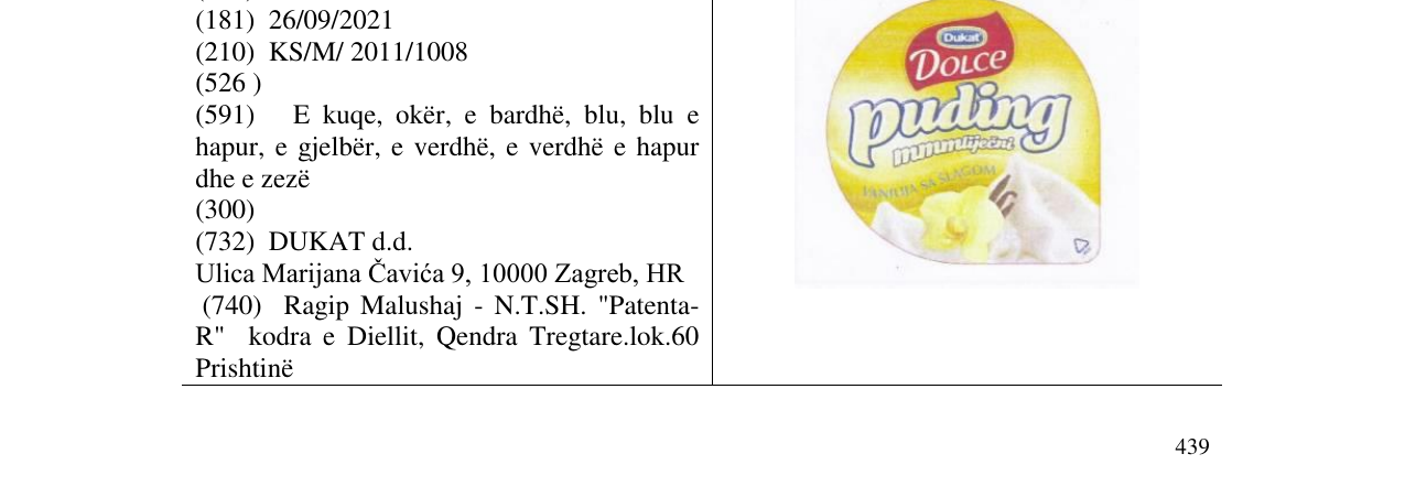 Zëri i markës DOLCE puding në buletin
