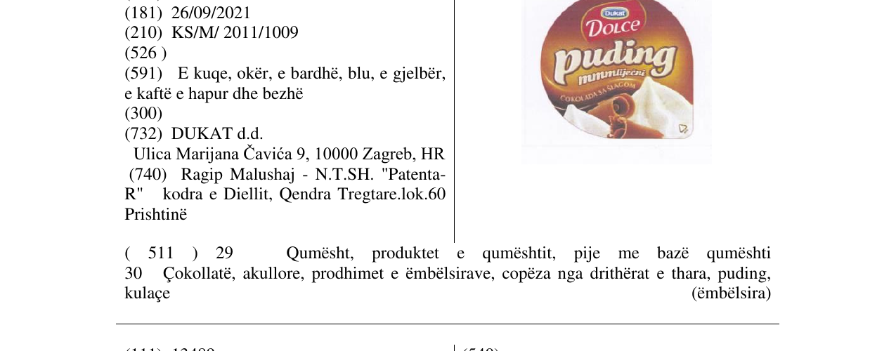 Zëri i markës DOLCE puding në buletin