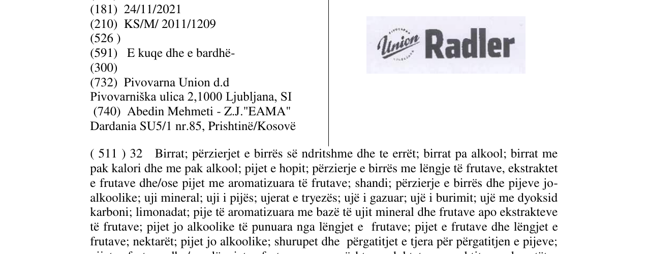 Zëri i markës Union Radler në buletin