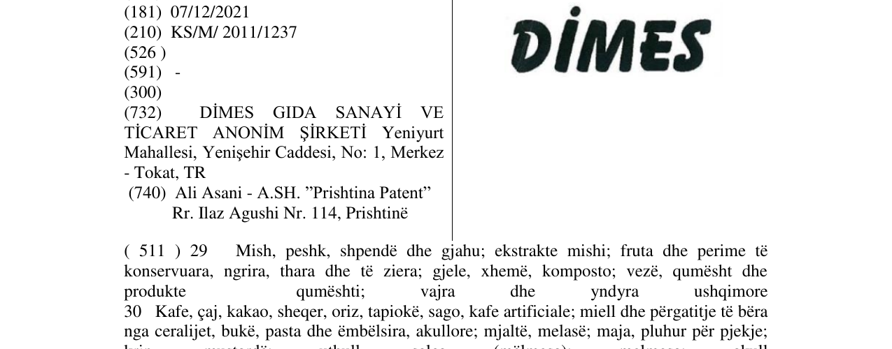The entry of the trademark DIMES in the bulletin