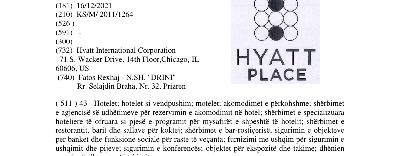 Zëri i markës HYATT PLACE në buletin