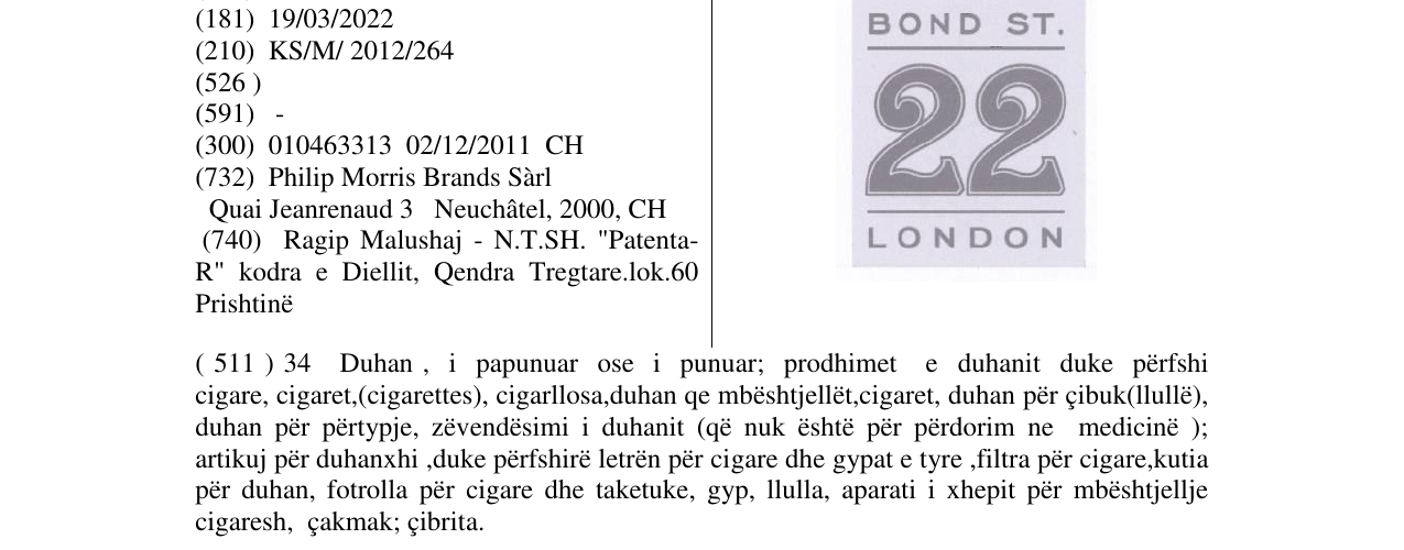 Zëri i markës BOND ST.22 LONDON në buletin