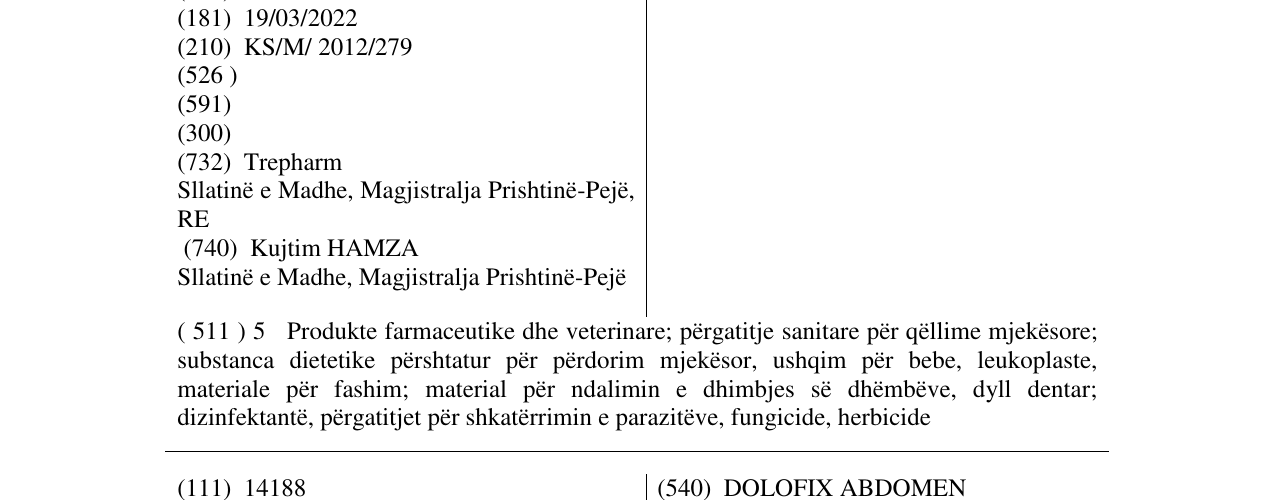 Zëri i markës DOLOFIX FORTE në buletin