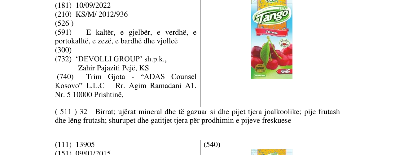 Zëri i markës Tango Vishnje në buletin