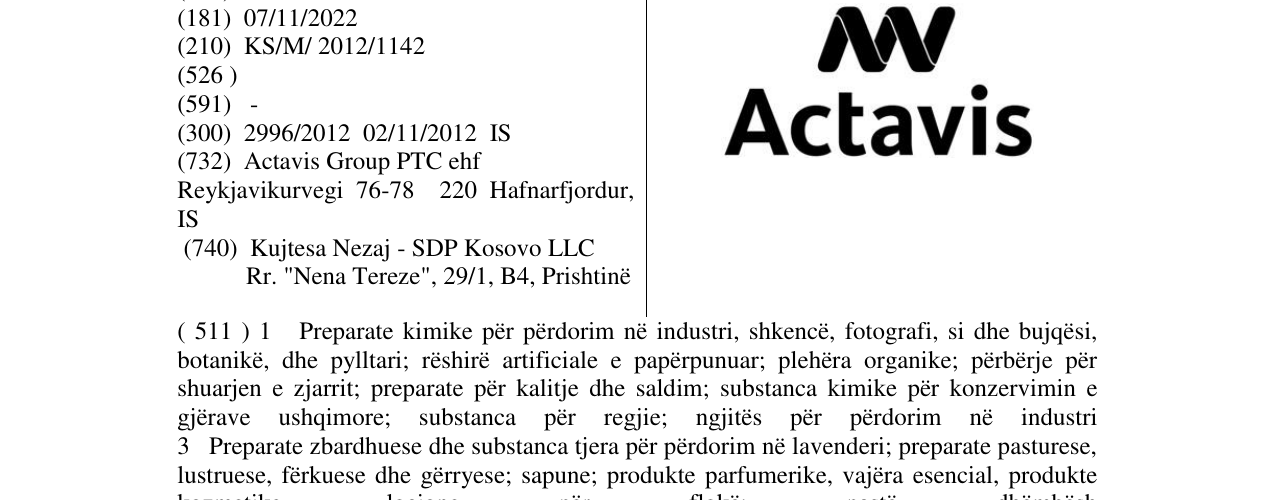 Zëri i markës Actavis në buletin